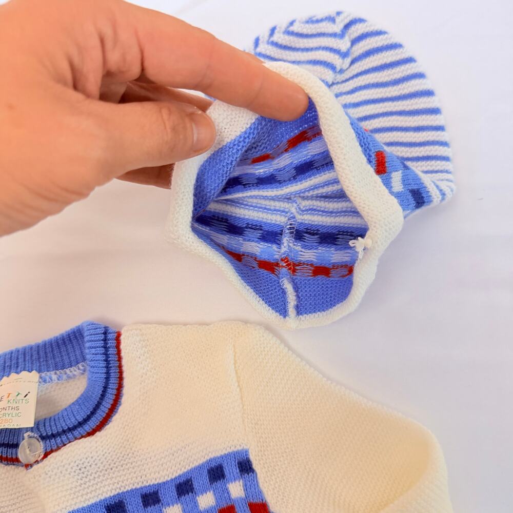 Vintage 80s Confetti Knits Knit Striped Cardigan & Matching Hat Set Sz 0-6 mo - Picture 4 of 9